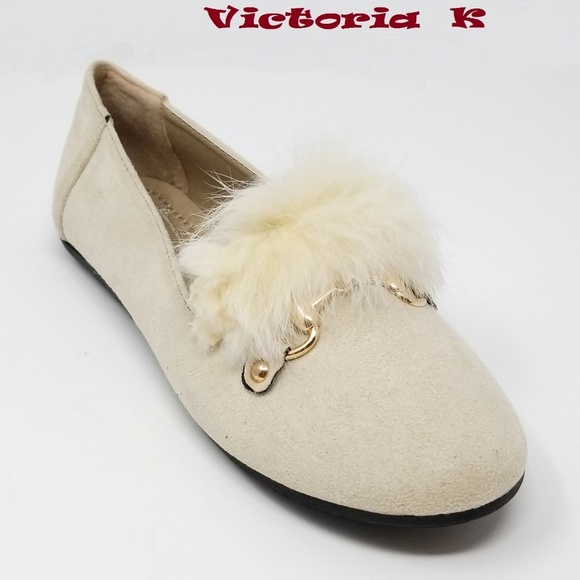 Victoria K Shoes - Feather Embellished Buckle Flats, BF-2633, Beige, Size 8.5